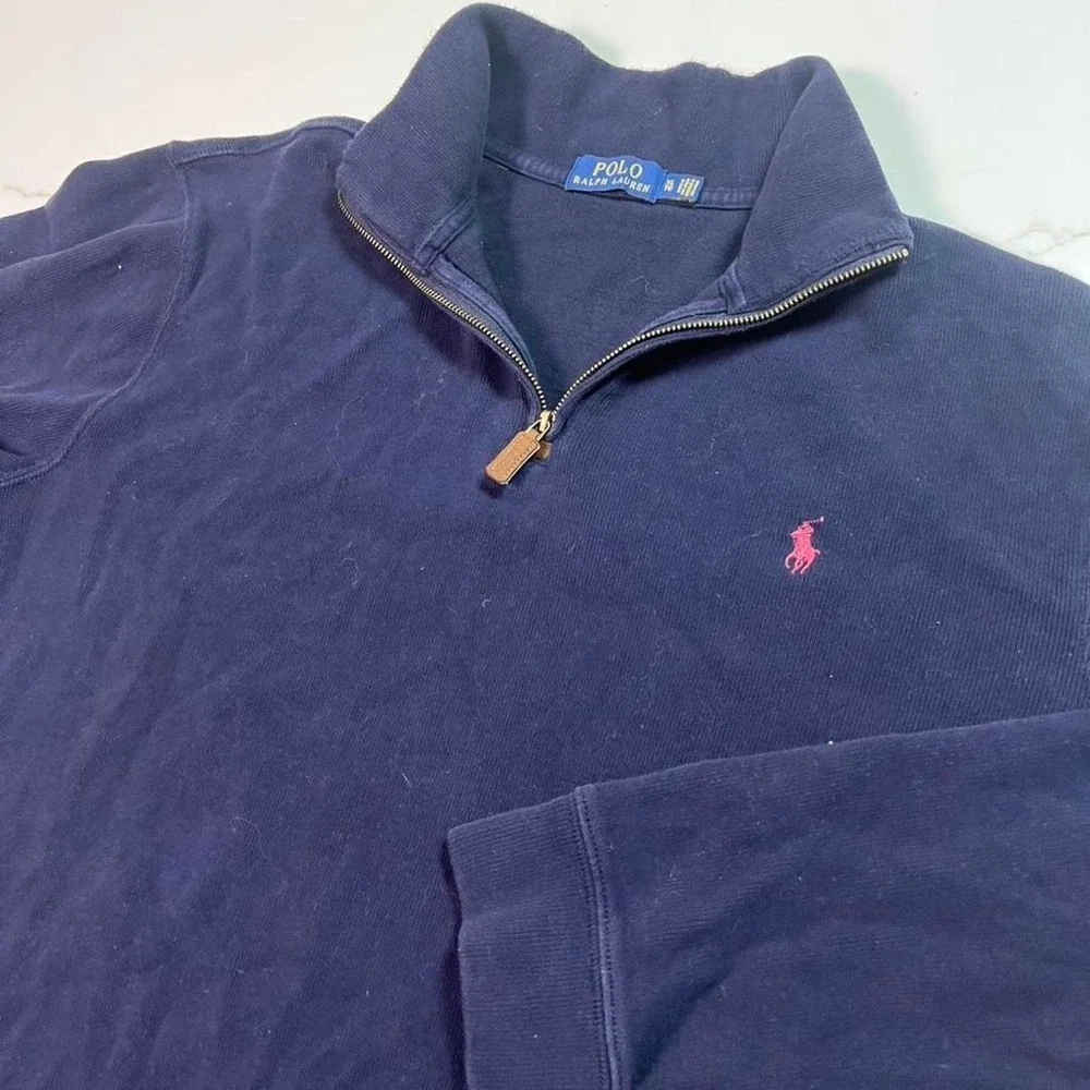 Polo Ralph Lauren Quarter Zip Pullover Mens XL Navy Blue Red Pony Logo Ribbed